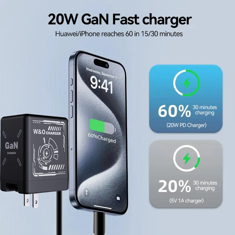 W&O GaN Fast Charging Cable Type C 20W and Lightning Liquid Silicone Cable for iPhone 14 15 Pro Max Xiaomi Realme Redmi 
