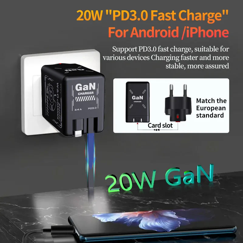 W&O GaN Fast Charging Cable Type C 20W and Lightning Liquid Silicone Cable for iPhone 14 15 Pro Max Xiaomi Realme Redmi 