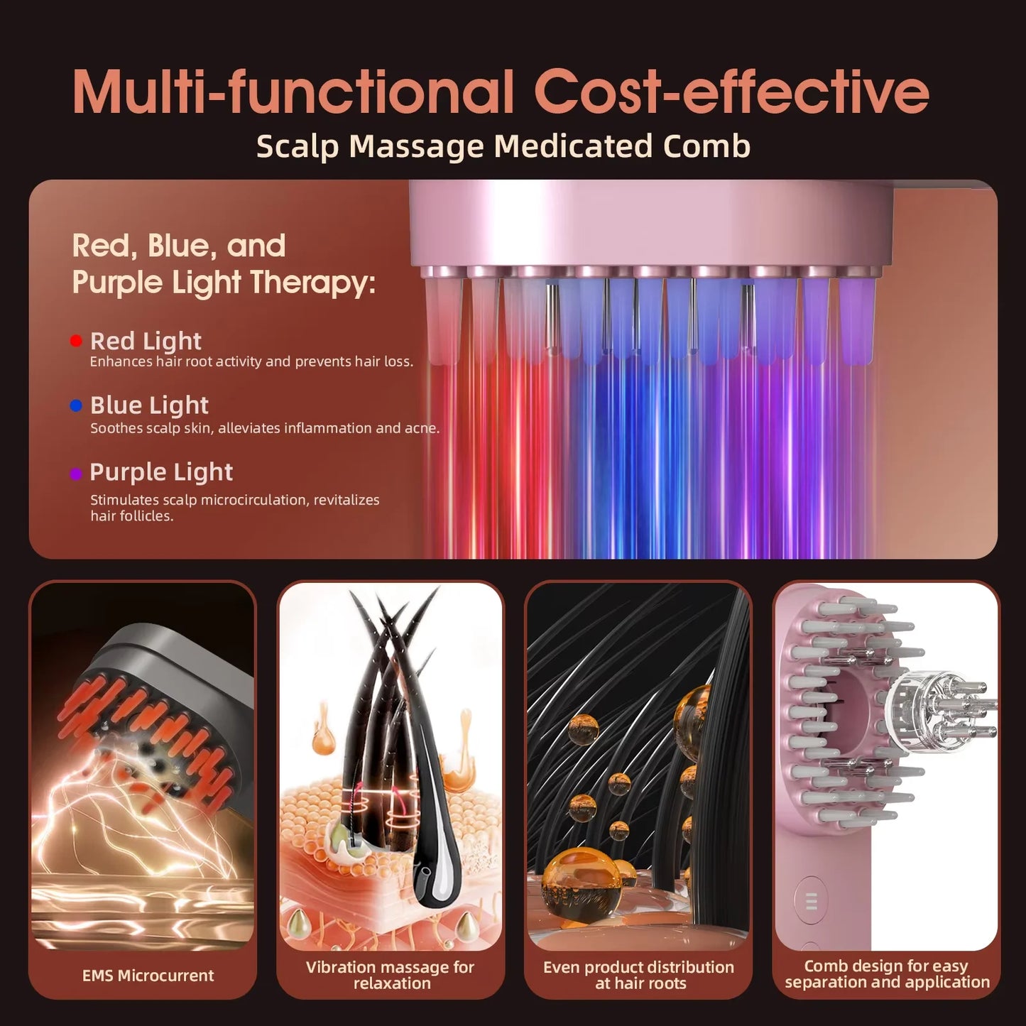 Electric Salon Scalp Care Hair Growth Comb LED Red Light Vibration Massage Comb Device