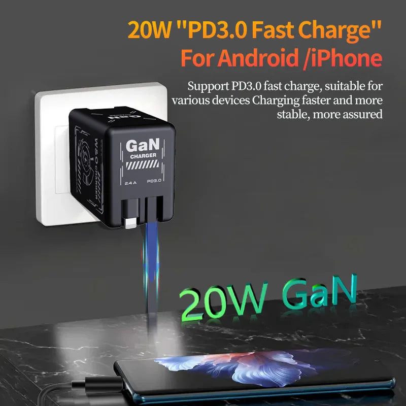 W&O GaN Fast Charging Cable Type C 20W and Lightning Liquid Silicone Cable for iPhone 14 15 Pro Max Xiaomi Realme Redmi 