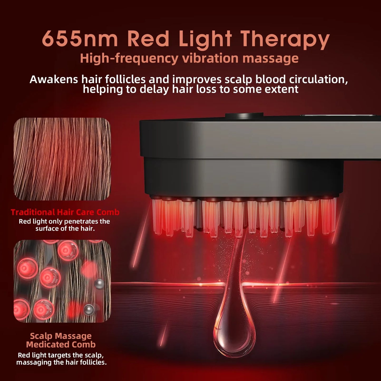 Electric Salon Scalp Care Hair Growth Comb LED Red Light Vibration Massage Comb Device