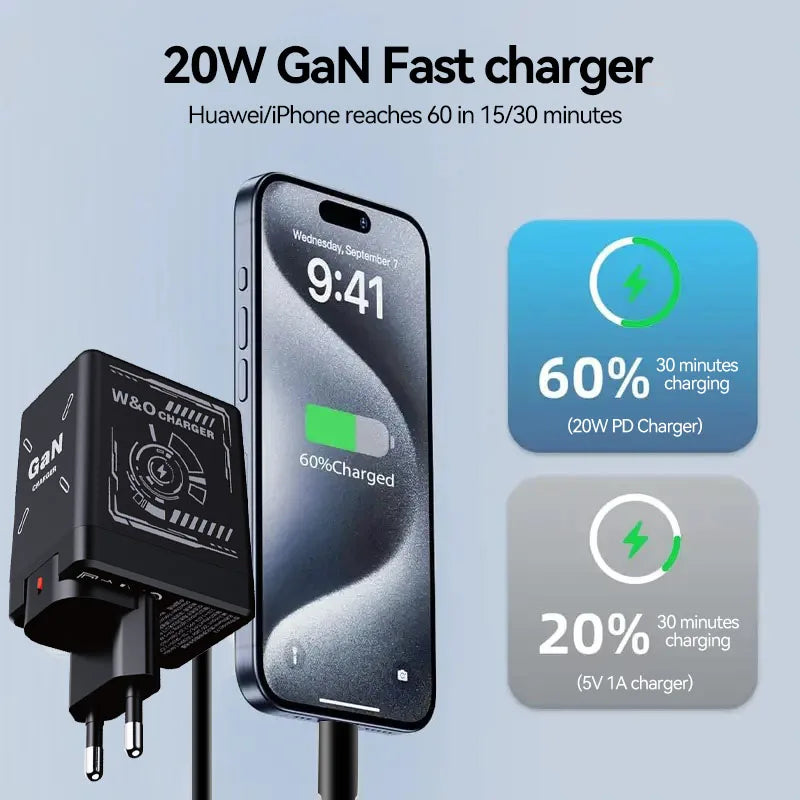 W&O GaN Fast Charging Cable Type C 20W and Lightning Liquid Silicone Cable for iPhone 14 15 Pro Max Xiaomi Realme Redmi 