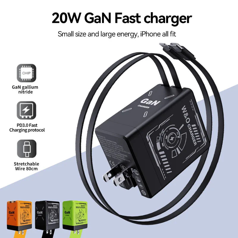 W&O GaN Fast Charging Cable Type C 20W and Lightning Liquid Silicone Cable for iPhone 14 15 Pro Max Xiaomi Realme Redmi 
