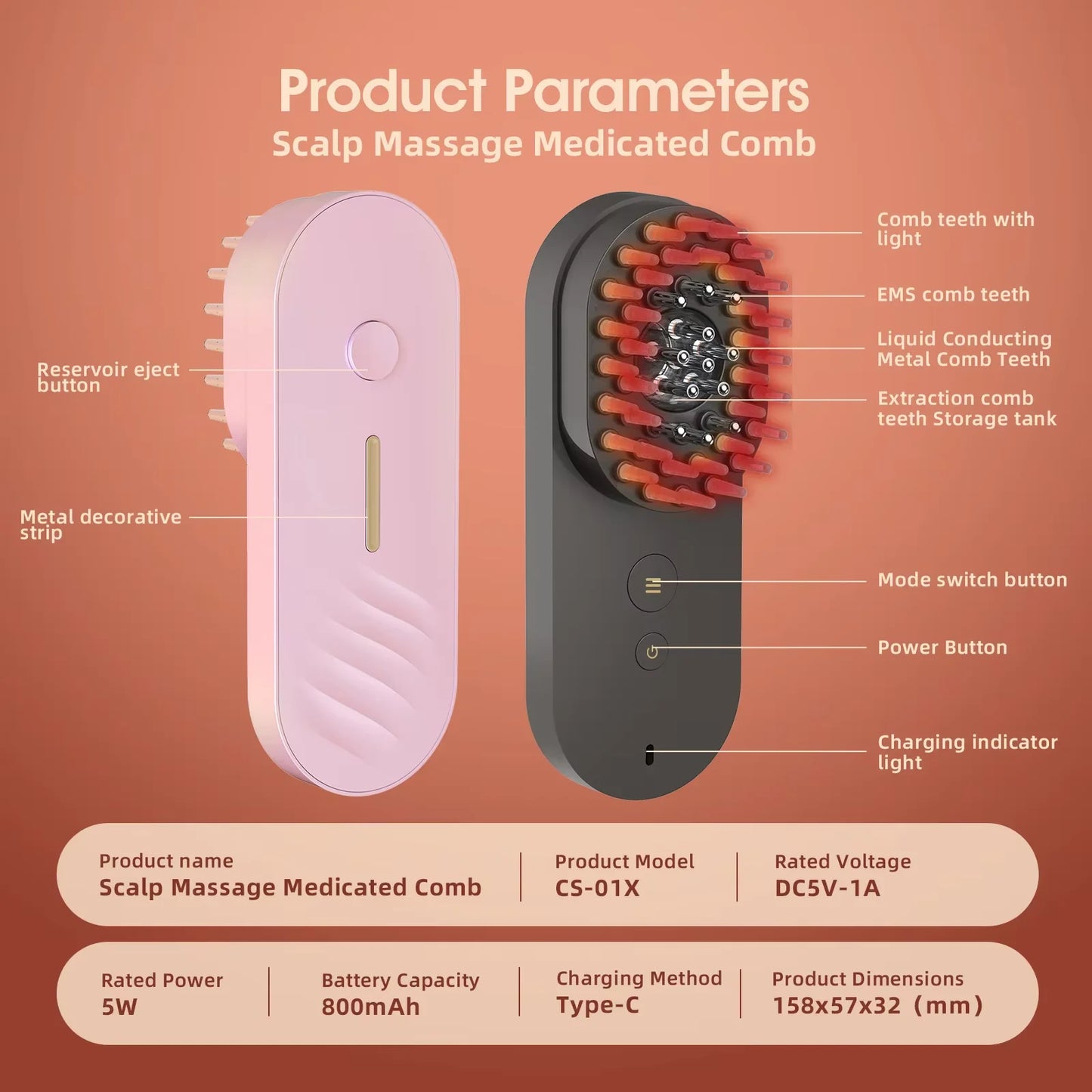 Electric Salon Scalp Care Hair Growth Comb LED Red Light Vibration Massage Comb Device