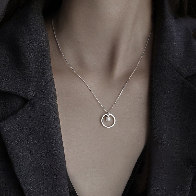 Modern Pearl Necklace, Mother of The Bride or Groom Gift, Double Circle, Pearl