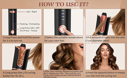 [Auto Curling Iron] 4 Speed Automatic Rotating Curling Iron Hair Wand | Dual Voltage, Spin Iron for Styling, Black, Curling Wand Attachment, Curling Iron for Hair