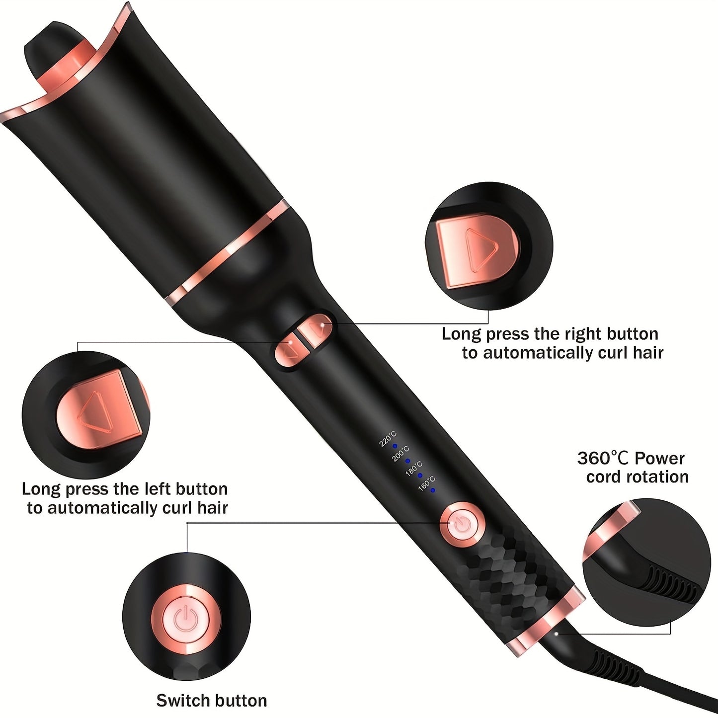 [Auto Curling Iron] 4 Speed Automatic Rotating Curling Iron Hair Wand | Dual Voltage, Spin Iron for Styling, Black, Curling Wand Attachment, Curling Iron for Hair